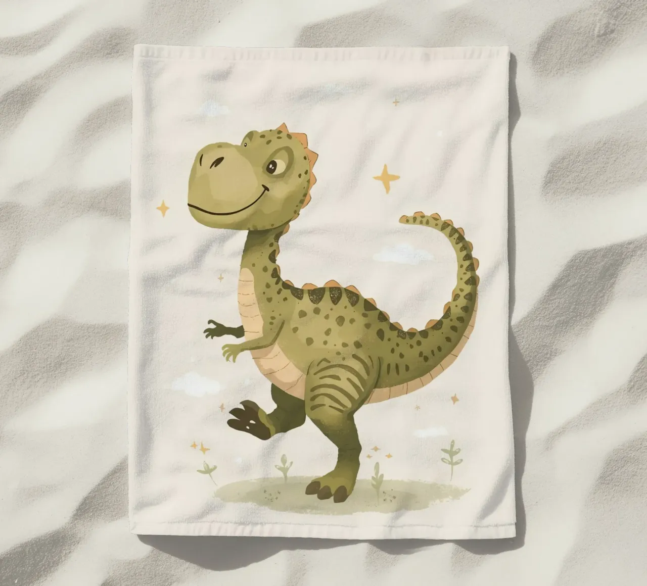 Felice Tyrannosaurus Rex con stelle e nuvole telo mare da DesignDoodle