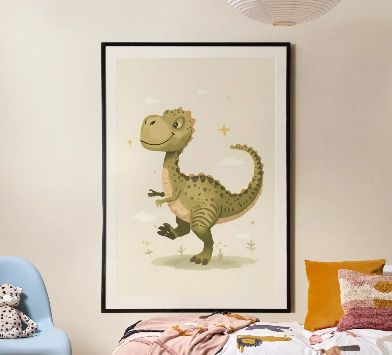 Felice Tyrannosaurus Rex con stelle e nuvole carta hahnemühle da DesignDoodle