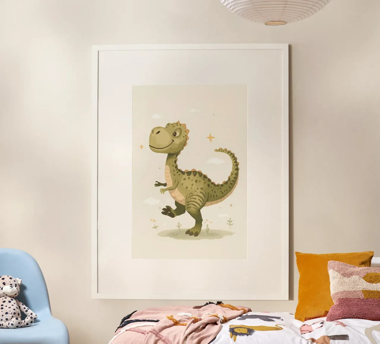 Felice Tyrannosaurus Rex con stelle e nuvole carta hahnemühle da DesignDoodle