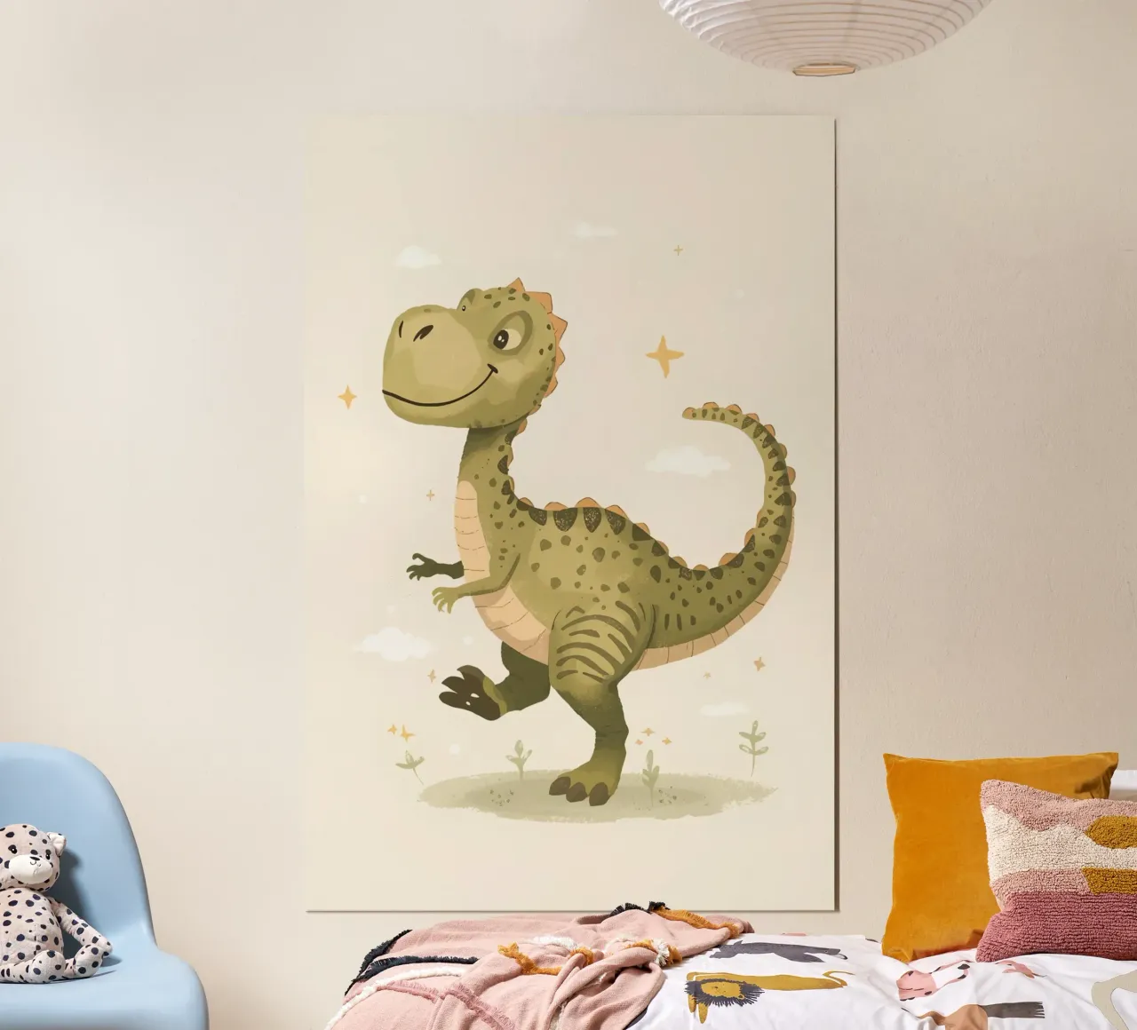 Felice Tyrannosaurus Rex con stelle e nuvole carta hahnemühle da DesignDoodle