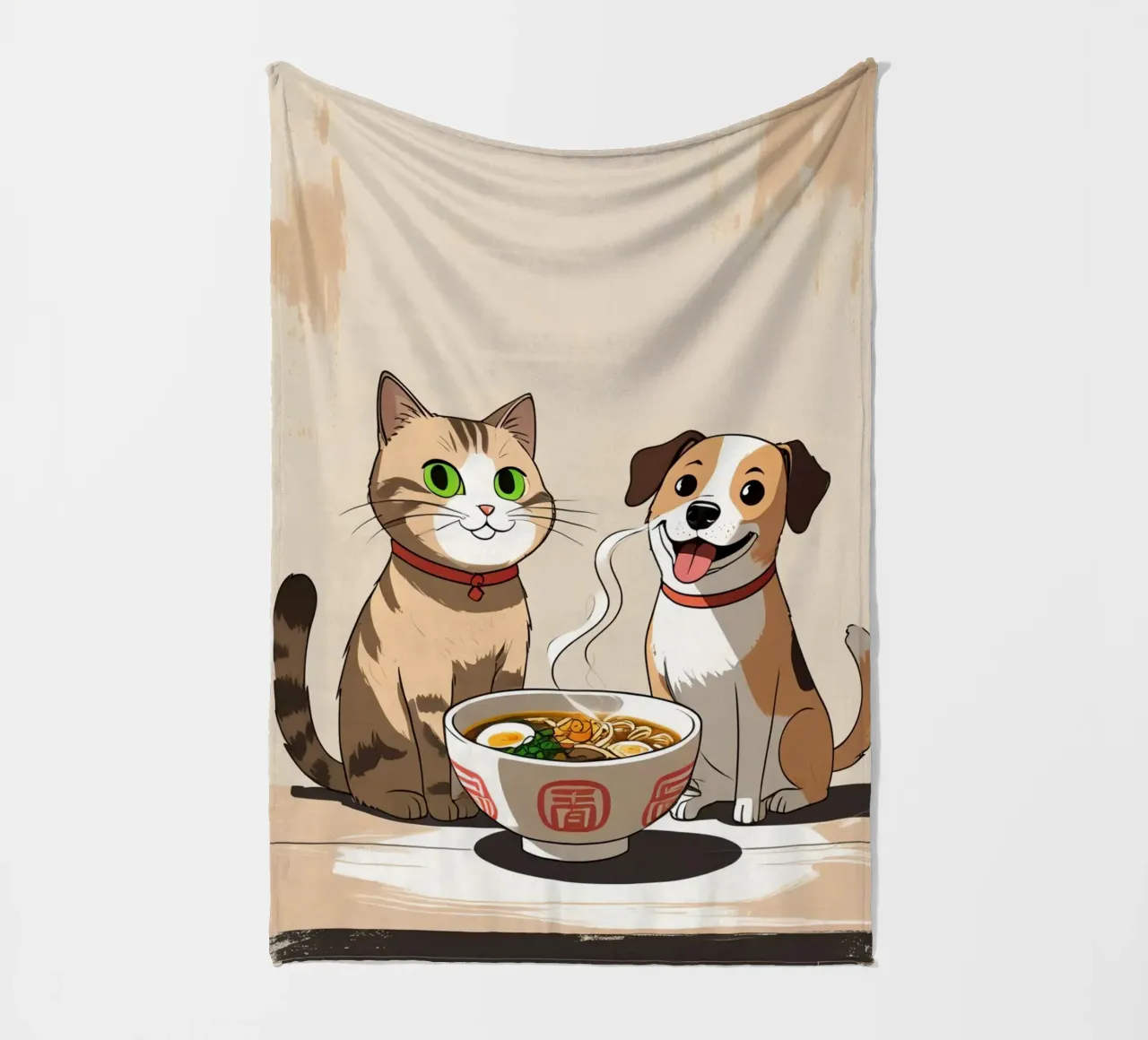 Gatto e cane felici e carini con una ciotola di ramen coperta in pile da DesignDoodle
