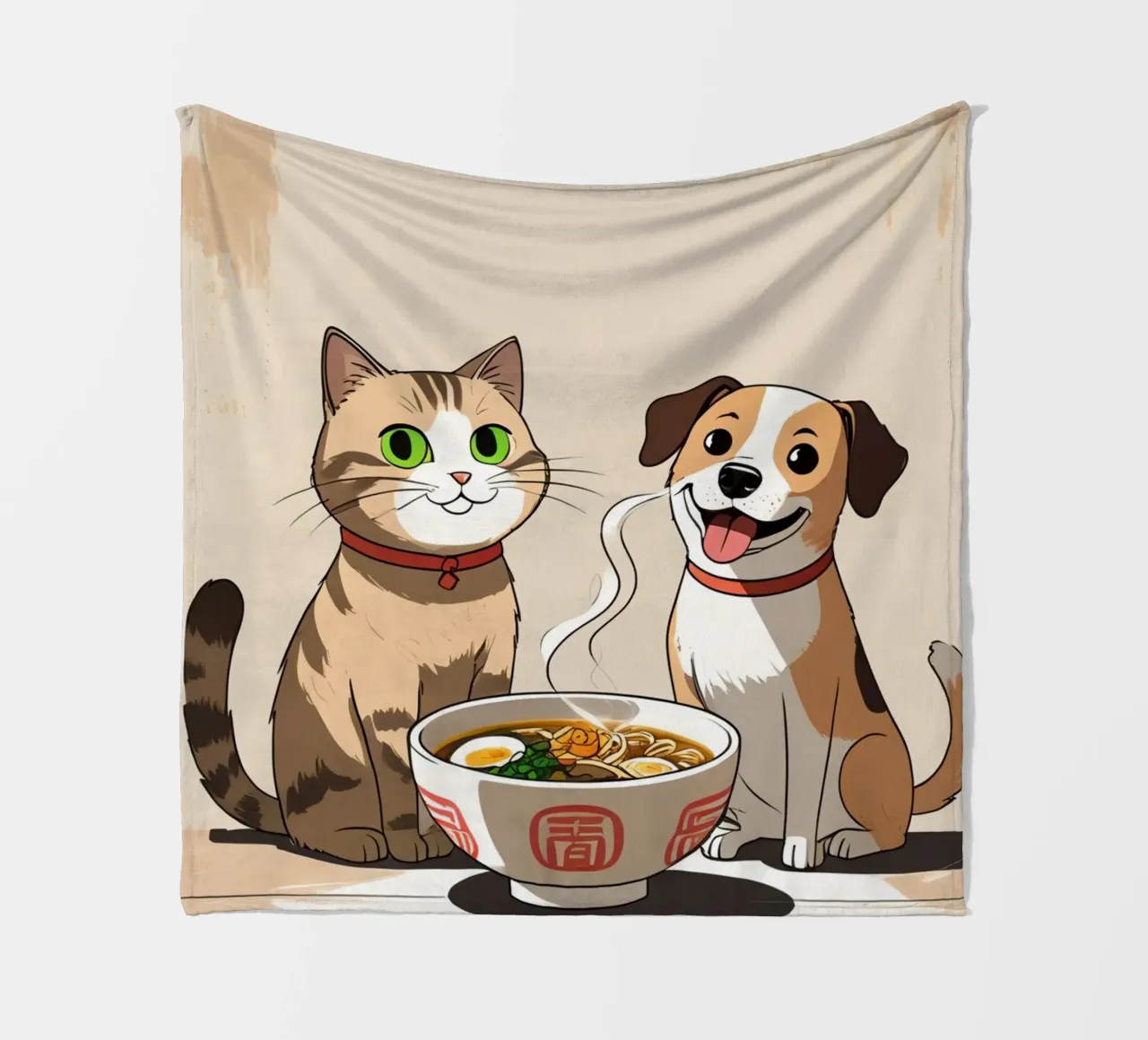 Gatto e cane felici e carini con una ciotola di ramen coperta in pile da DesignDoodle