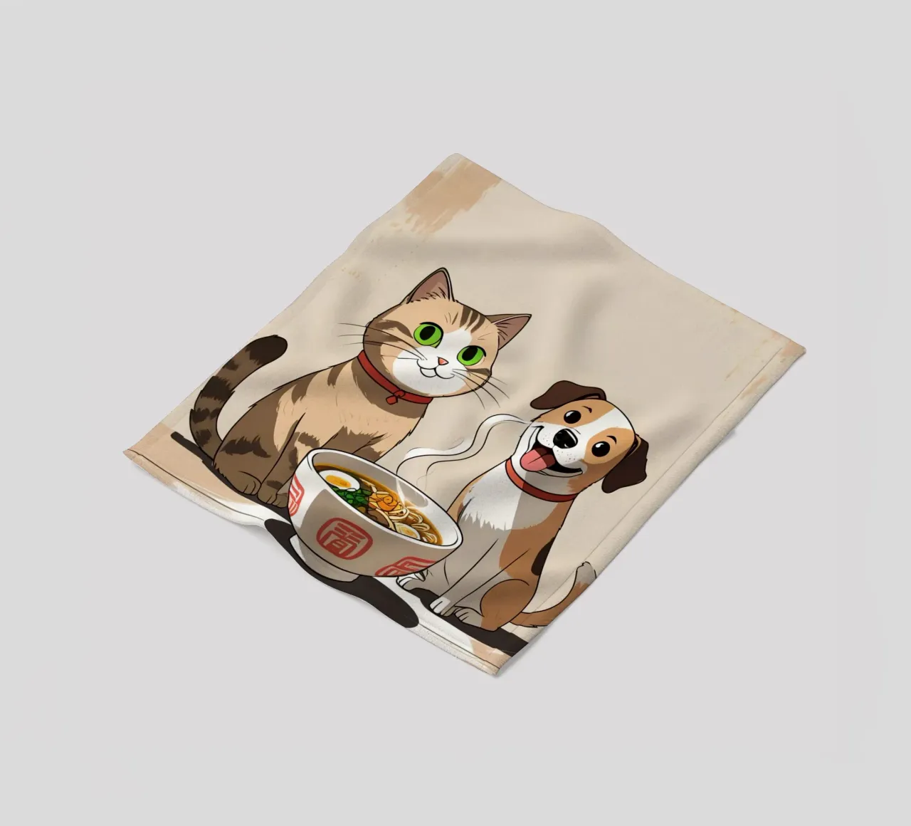 Gatto e cane felici e carini con una ciotola di ramen coperta in pile da DesignDoodle