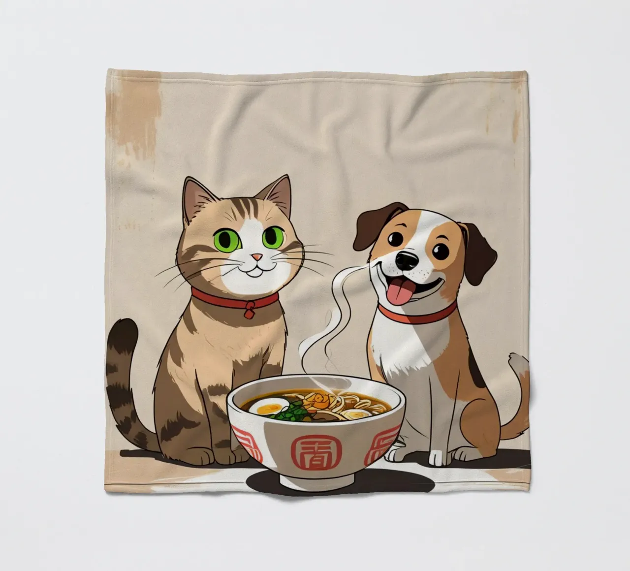 Gatto e cane felici e carini con una ciotola di ramen coperta in pile da DesignDoodle