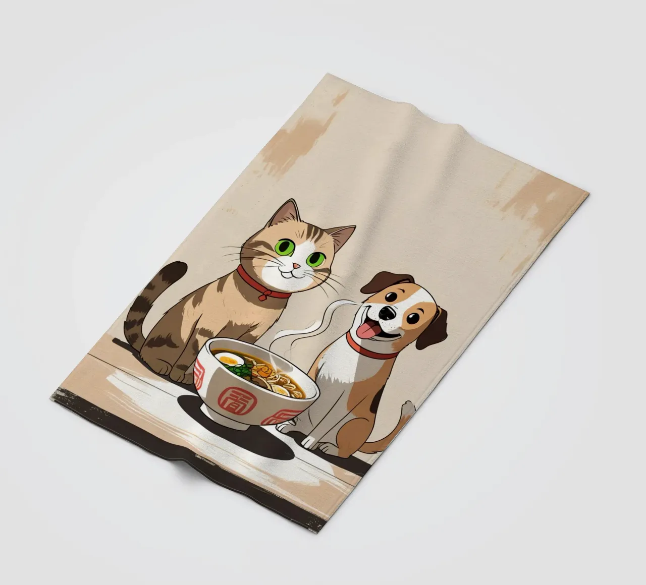 Gatto e cane felici e carini con una ciotola di ramen coperta in pile da DesignDoodle
