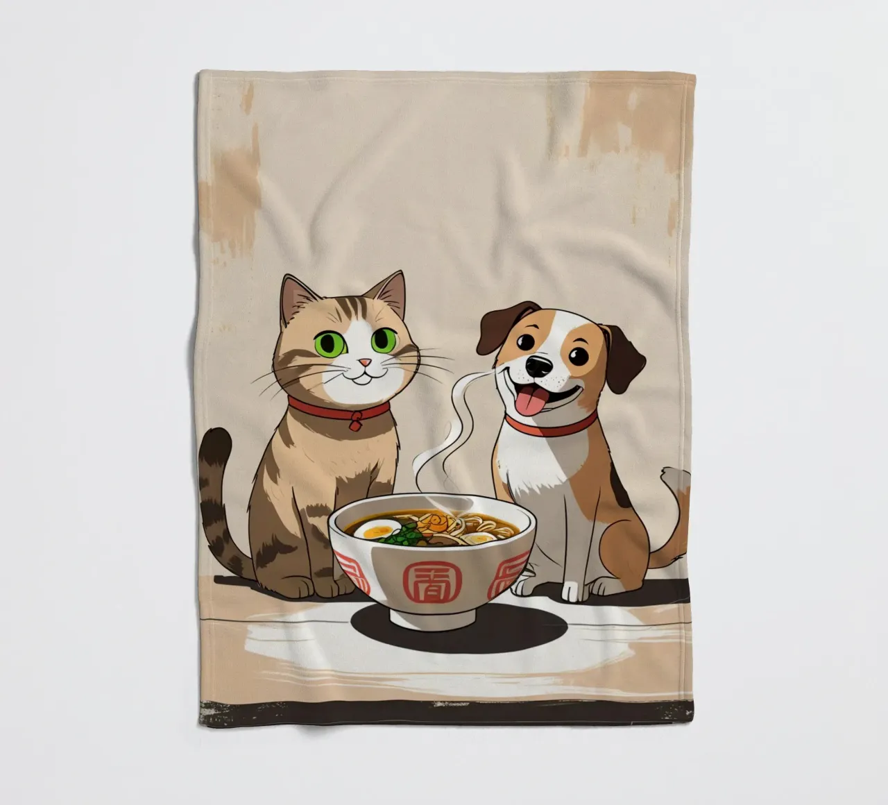 Gatto e cane felici e carini con una ciotola di ramen coperta in pile da DesignDoodle