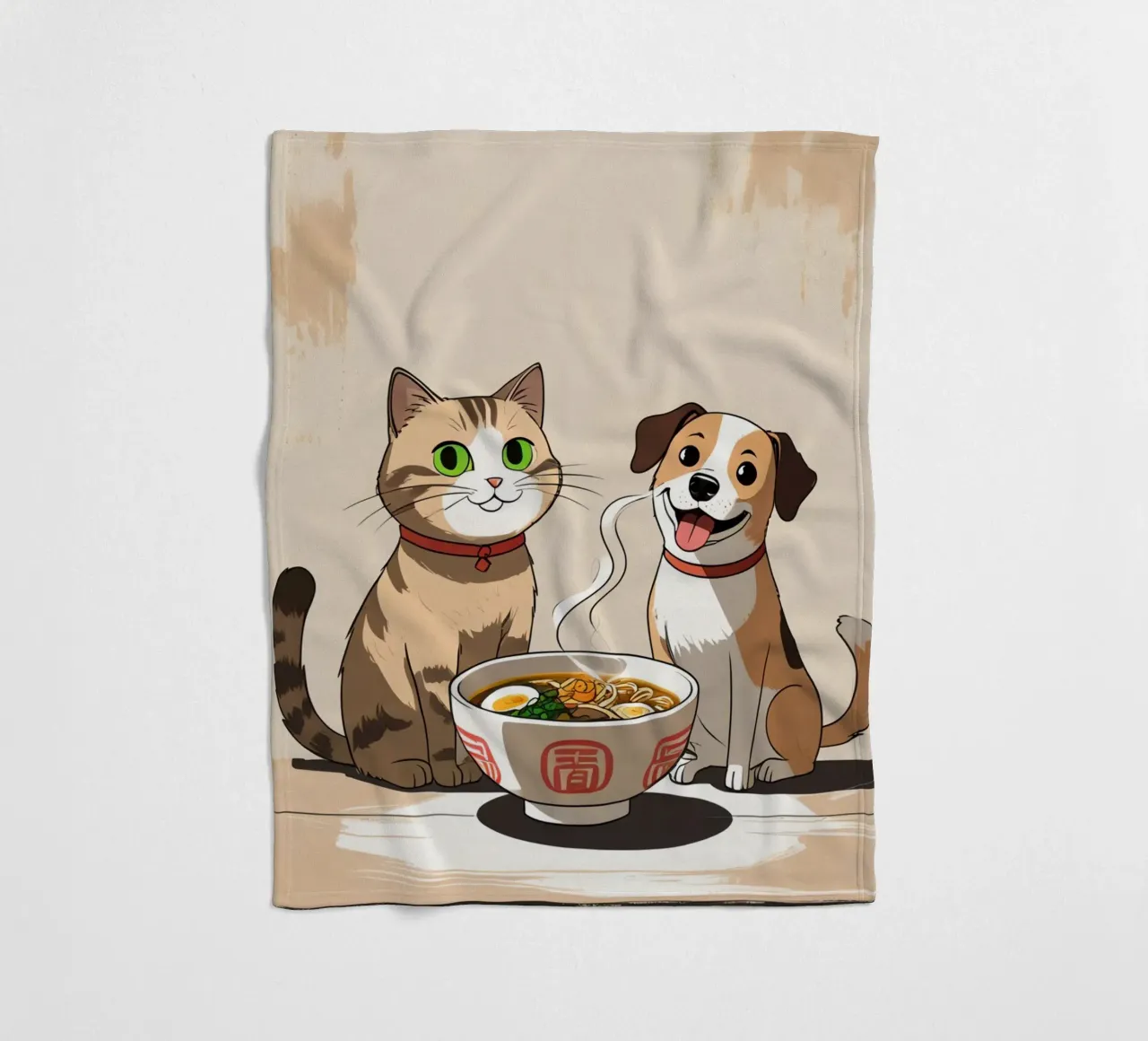 Gatto e cane felici e carini con una ciotola di ramen coperta in pile da DesignDoodle