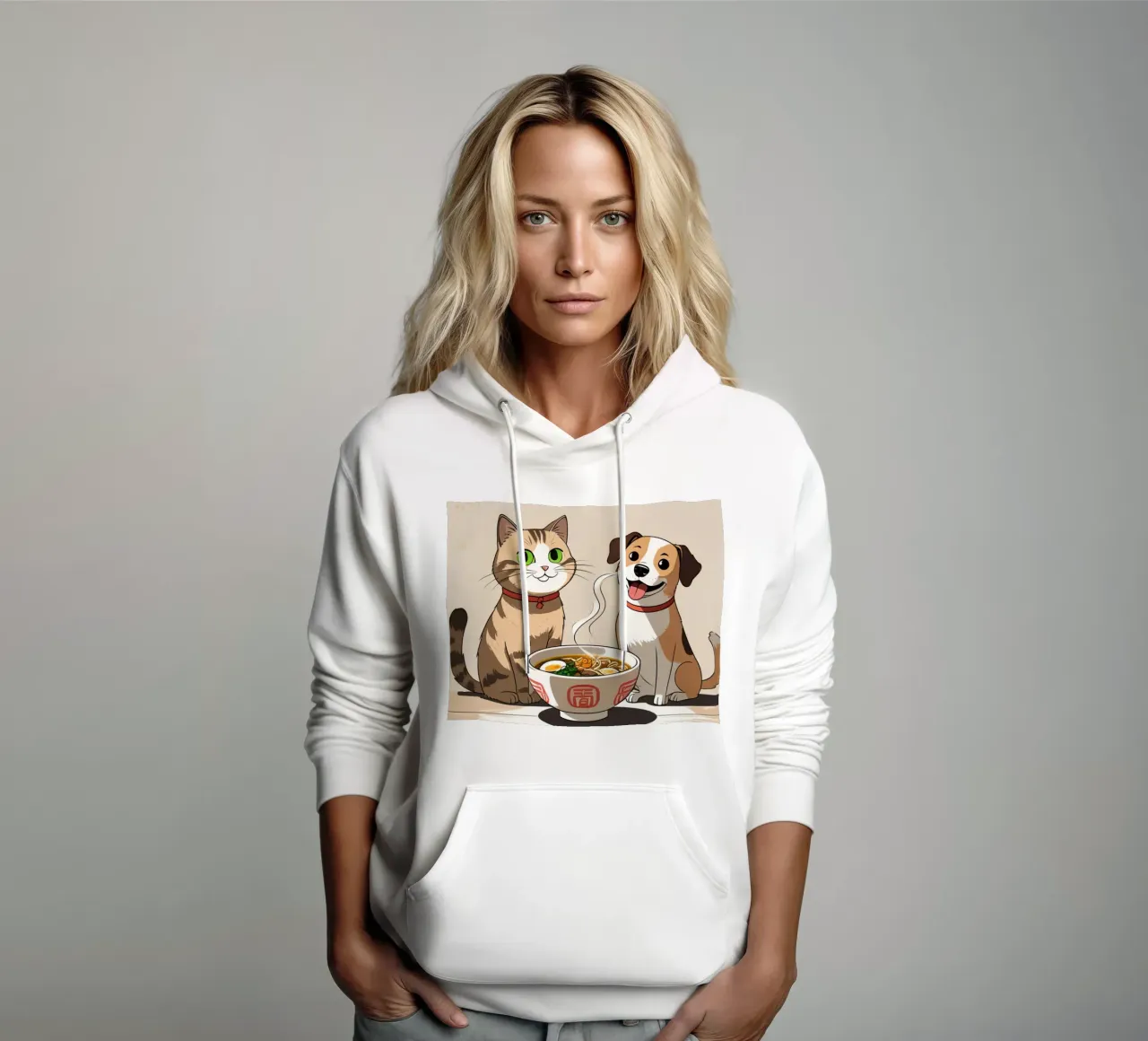 Gatto e cane felici e carini con una ciotola di ramen felpa con cappuccio da DesignDoodle