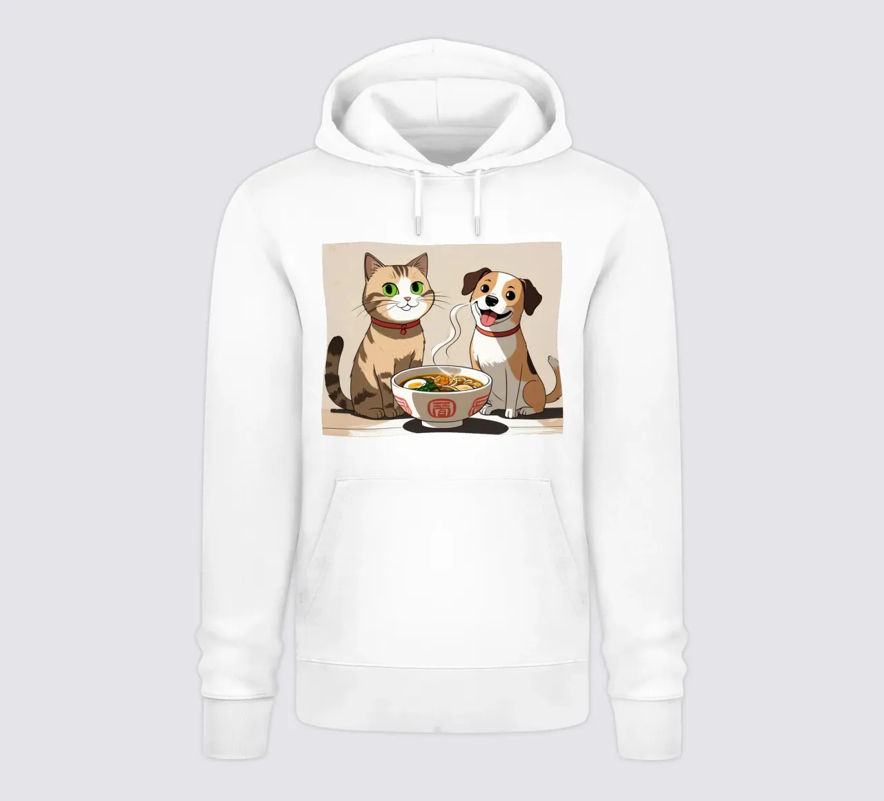 Gatto e cane felici e carini con una ciotola di ramen felpa con cappuccio da DesignDoodle