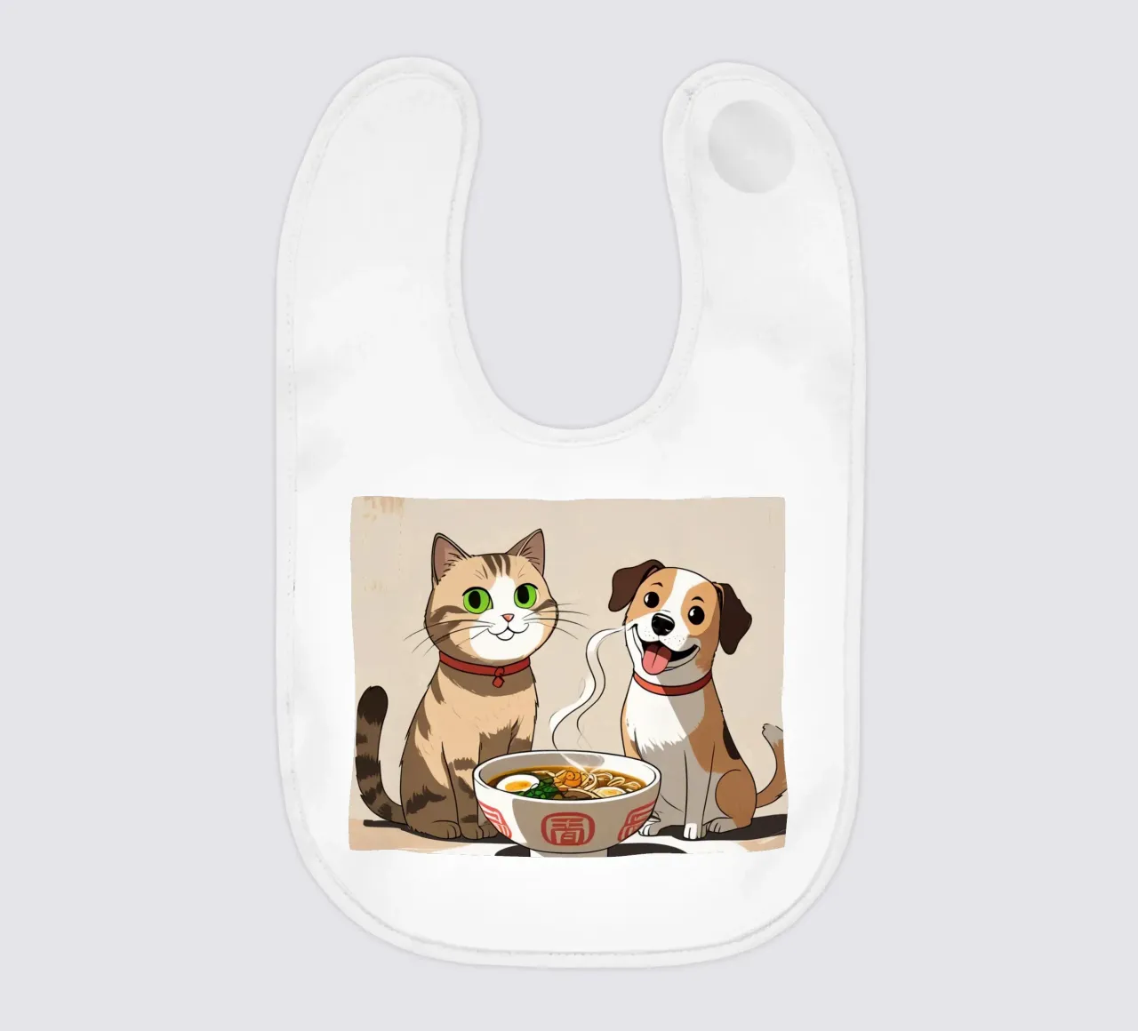Gatto e cane felici e carini con una ciotola di ramen bavaglino da DesignDoodle