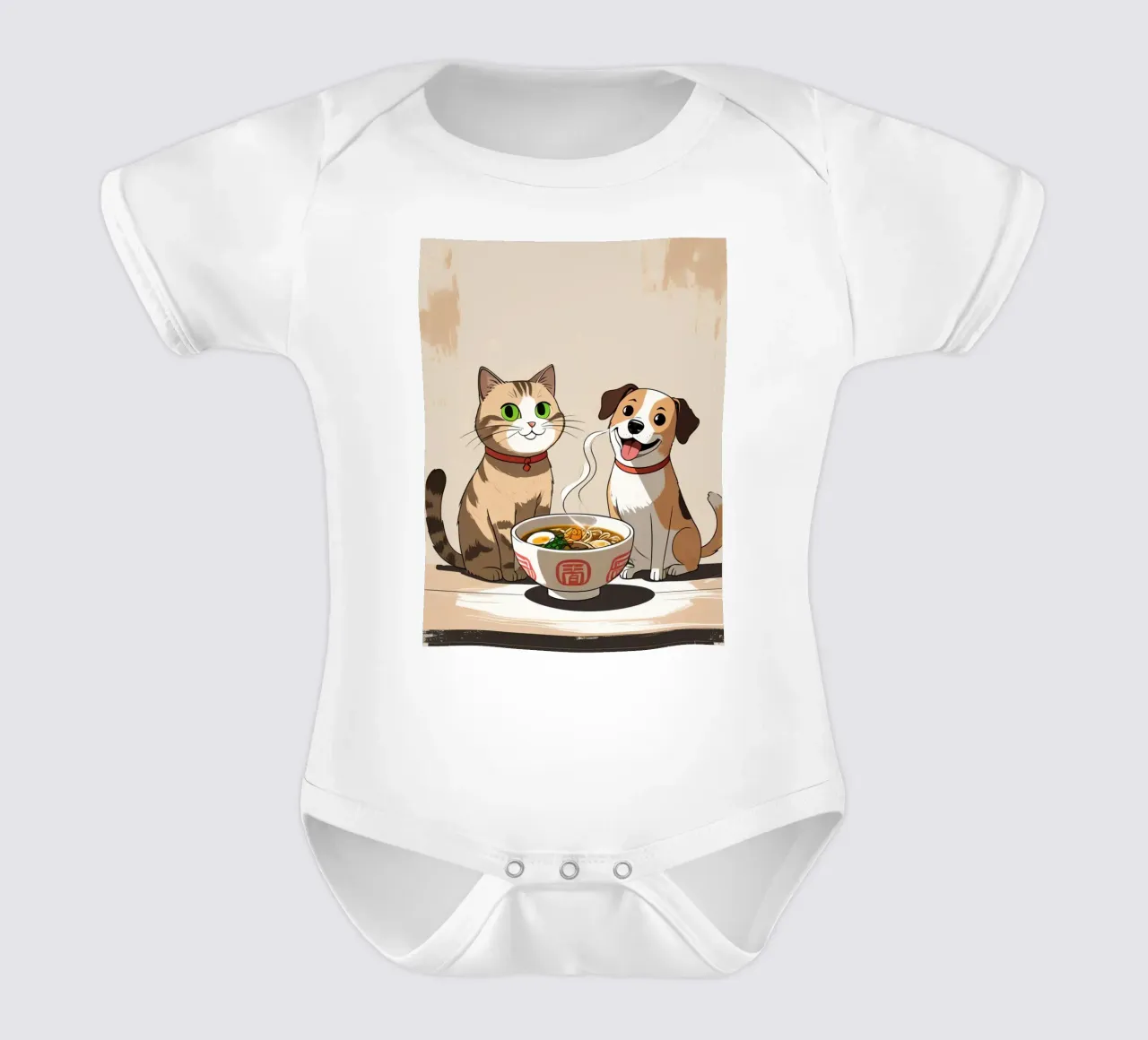 Gatto e cane felici e carini con una ciotola di ramen body neonato maniche corte da DesignDoodle