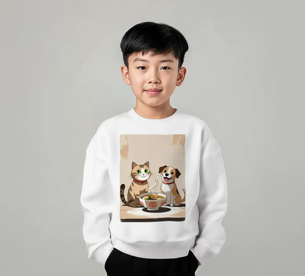 Gatto e cane felici e carini con una ciotola di ramen felpa bambino da DesignDoodle
