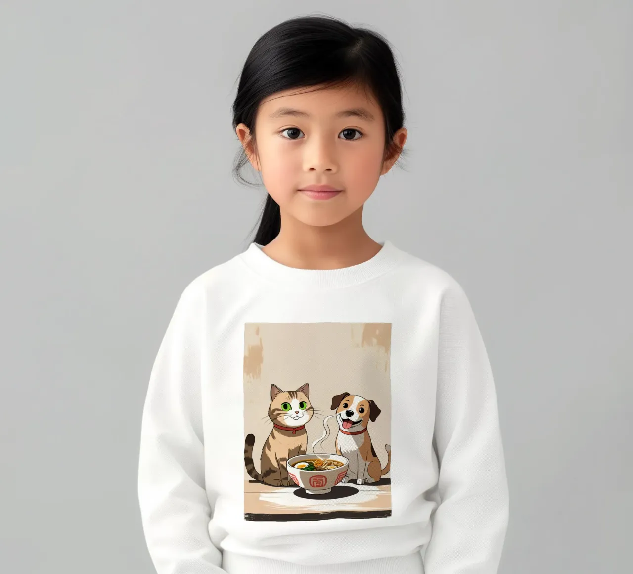 Gatto e cane felici e carini con una ciotola di ramen felpa bambino da DesignDoodle