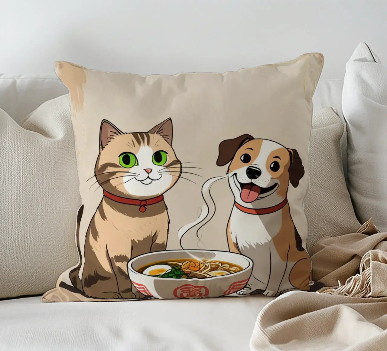Gatto e cane felici e carini con una ciotola di ramen cuscino da DesignDoodle