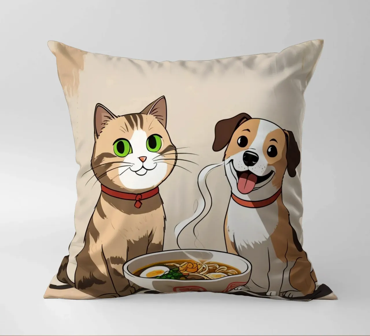 Gatto e cane felici e carini con una ciotola di ramen cuscino da DesignDoodle