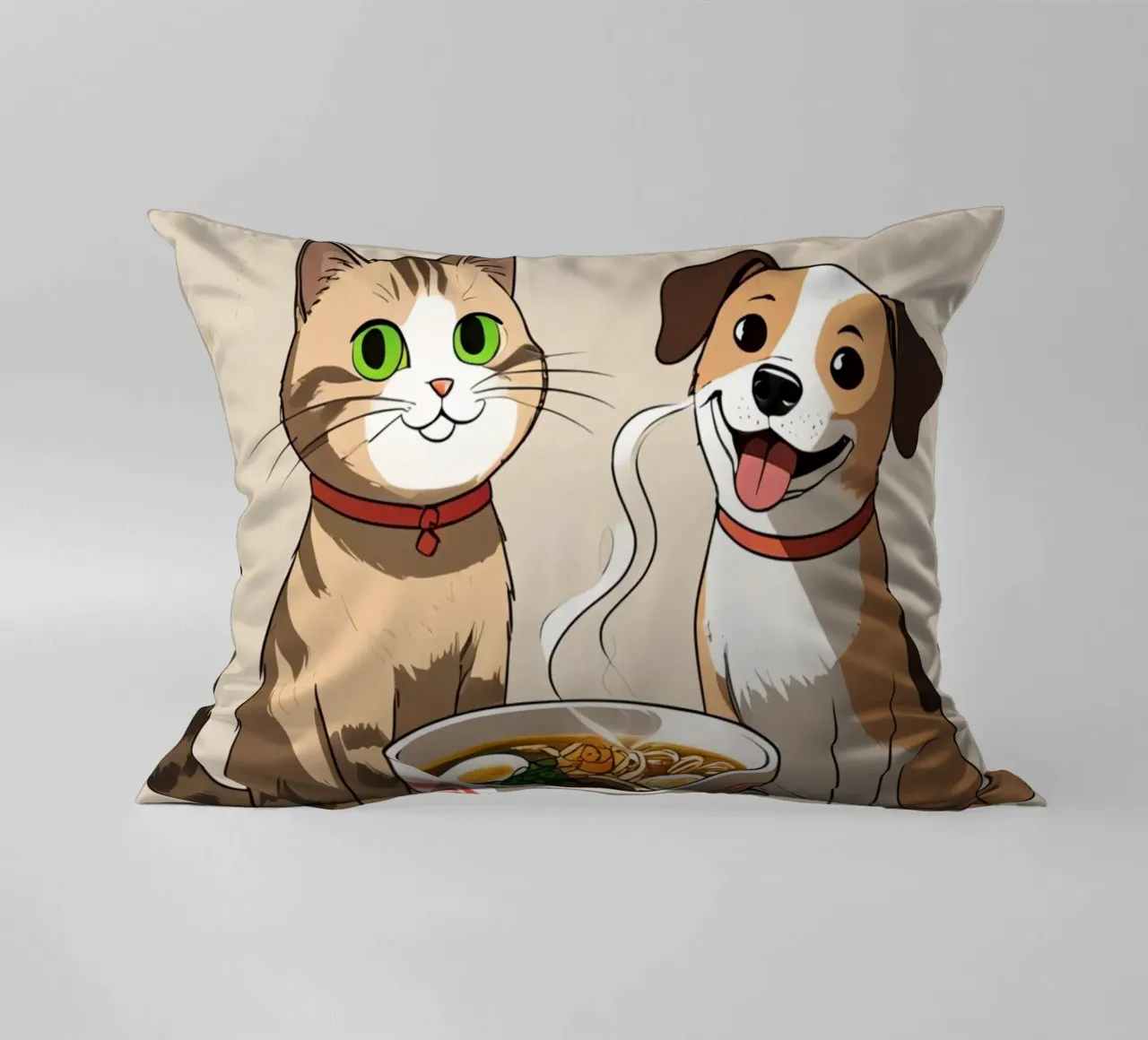 Gatto e cane felici e carini con una ciotola di ramen cuscino da DesignDoodle