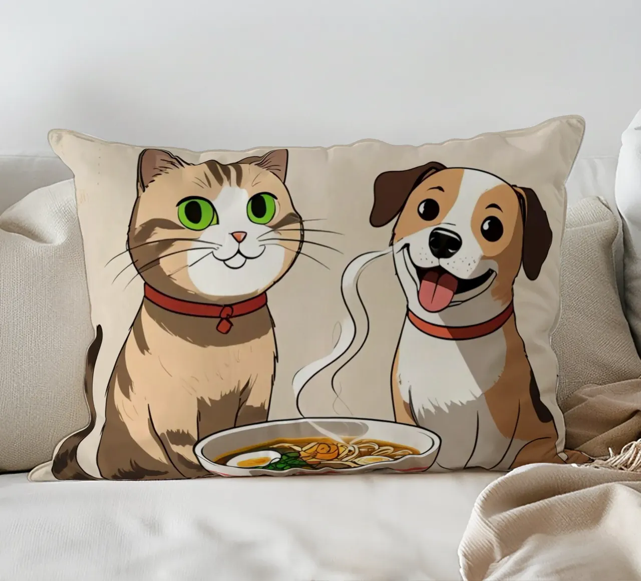 Gatto e cane felici e carini con una ciotola di ramen cuscino da DesignDoodle
