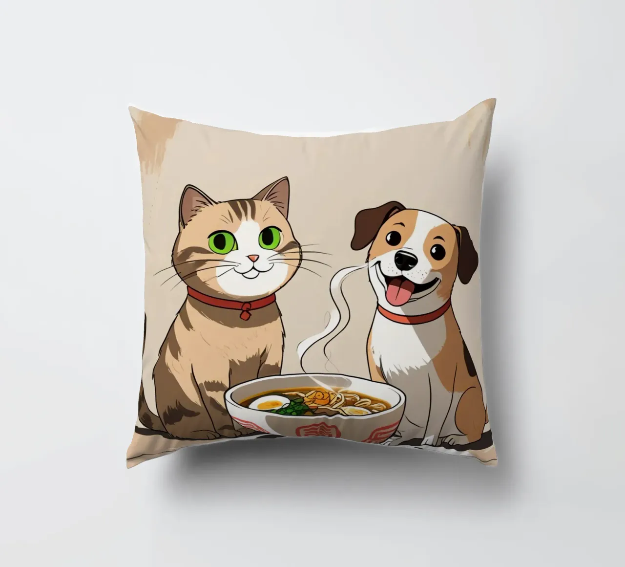 Gatto e cane felici e carini con una ciotola di ramen cuscino da DesignDoodle