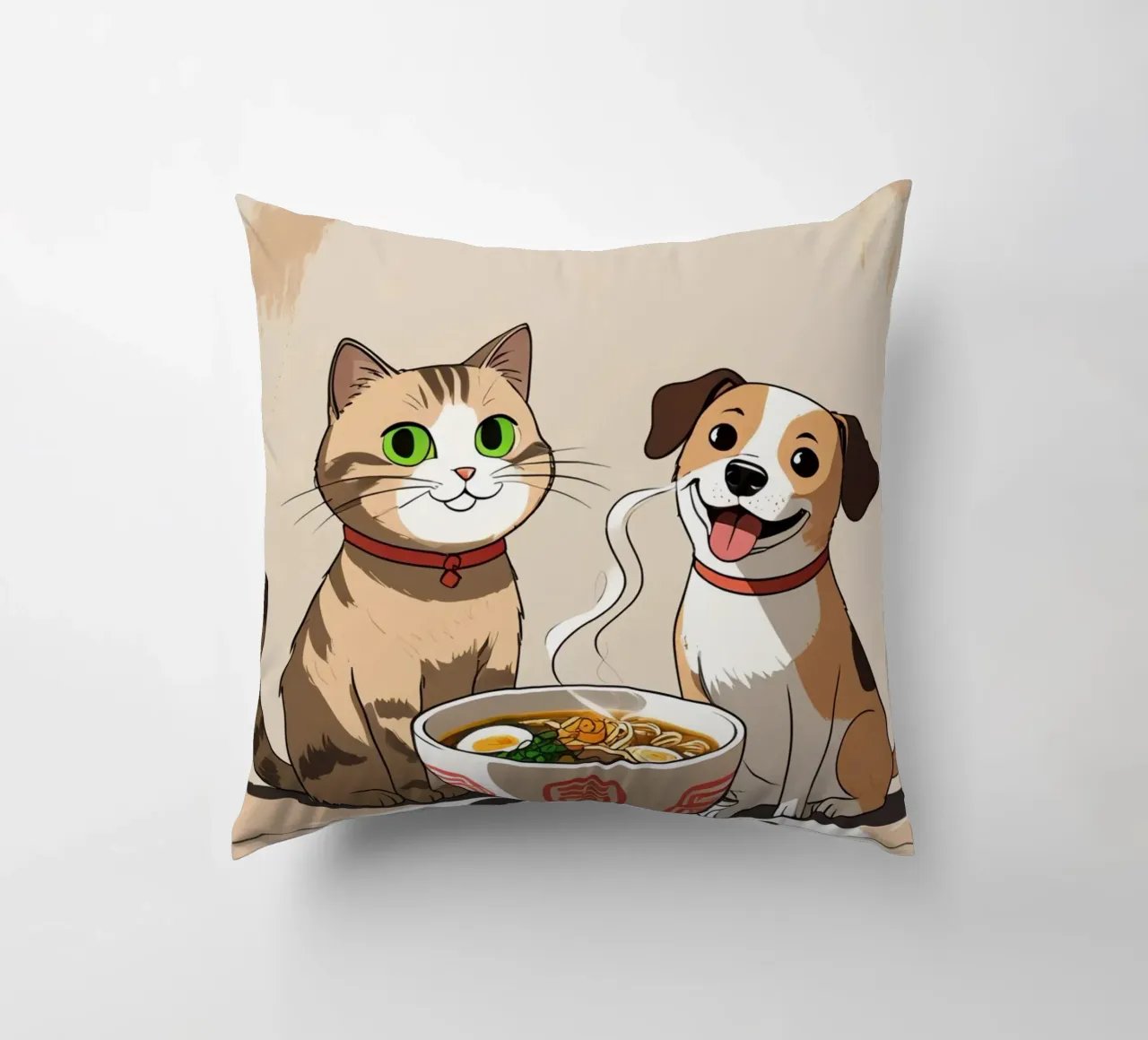 Gatto e cane felici e carini con una ciotola di ramen cuscino da DesignDoodle
