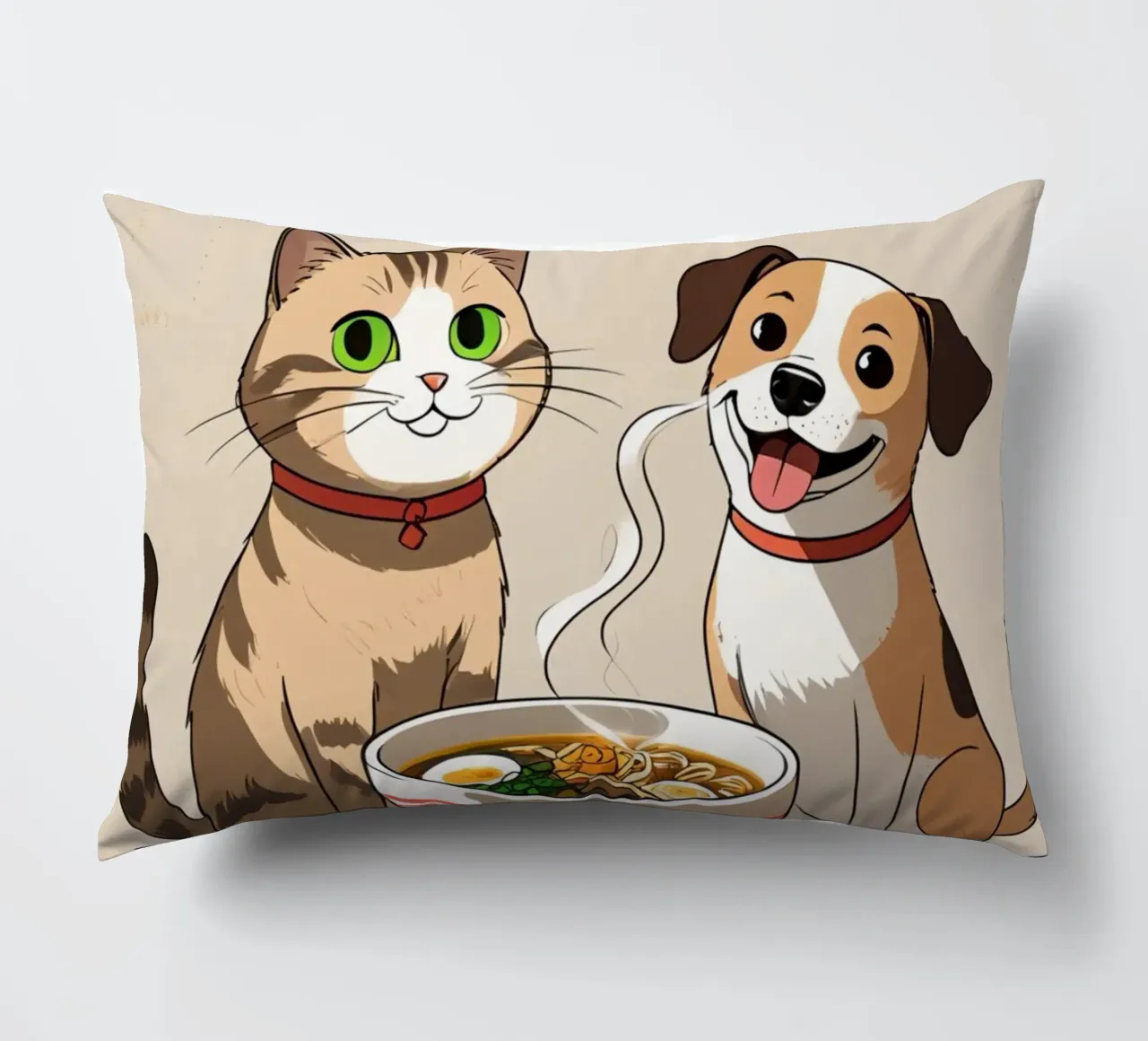 Gatto e cane felici e carini con una ciotola di ramen cuscino da DesignDoodle