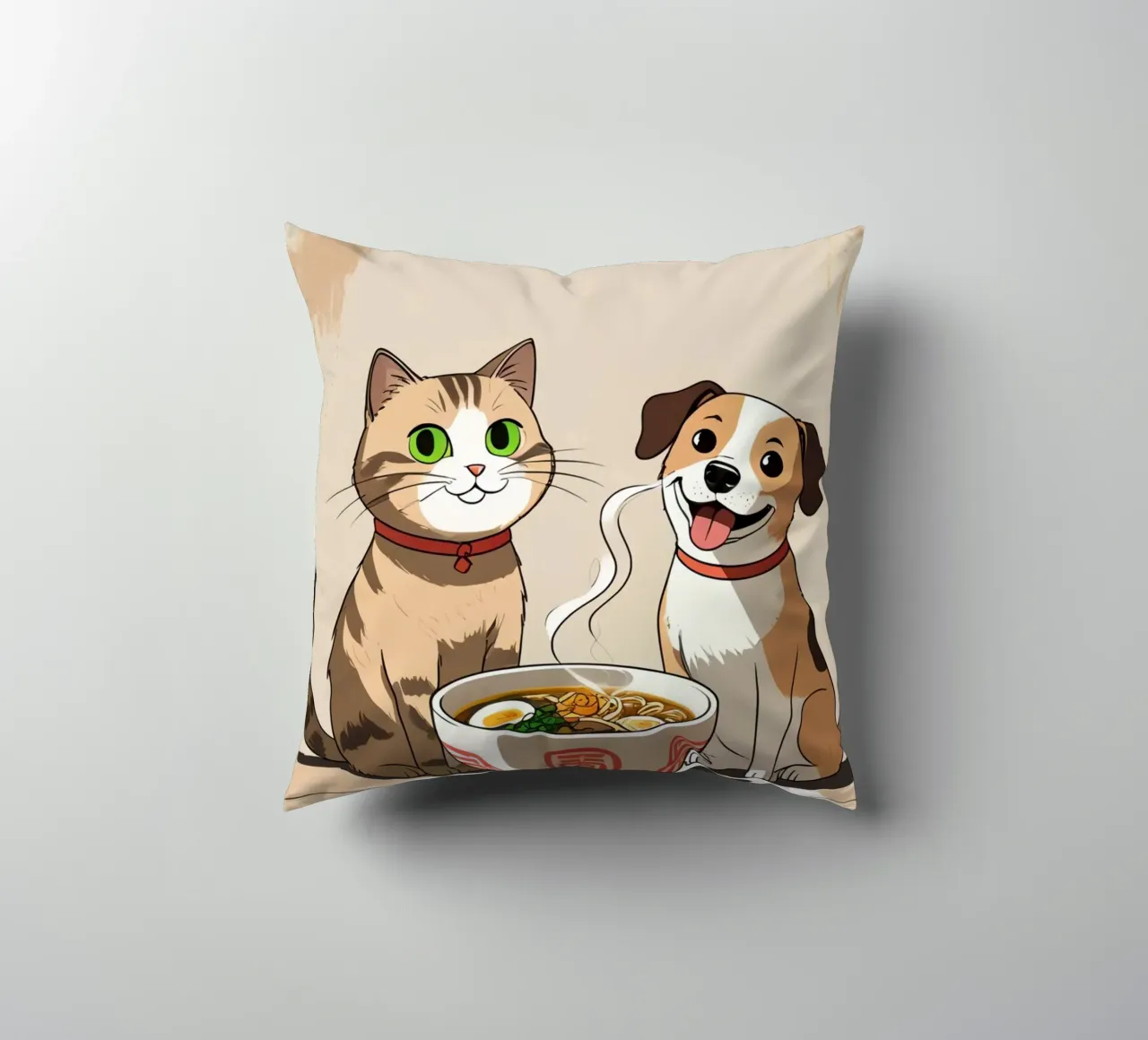 Gatto e cane felici e carini con una ciotola di ramen cuscino da DesignDoodle