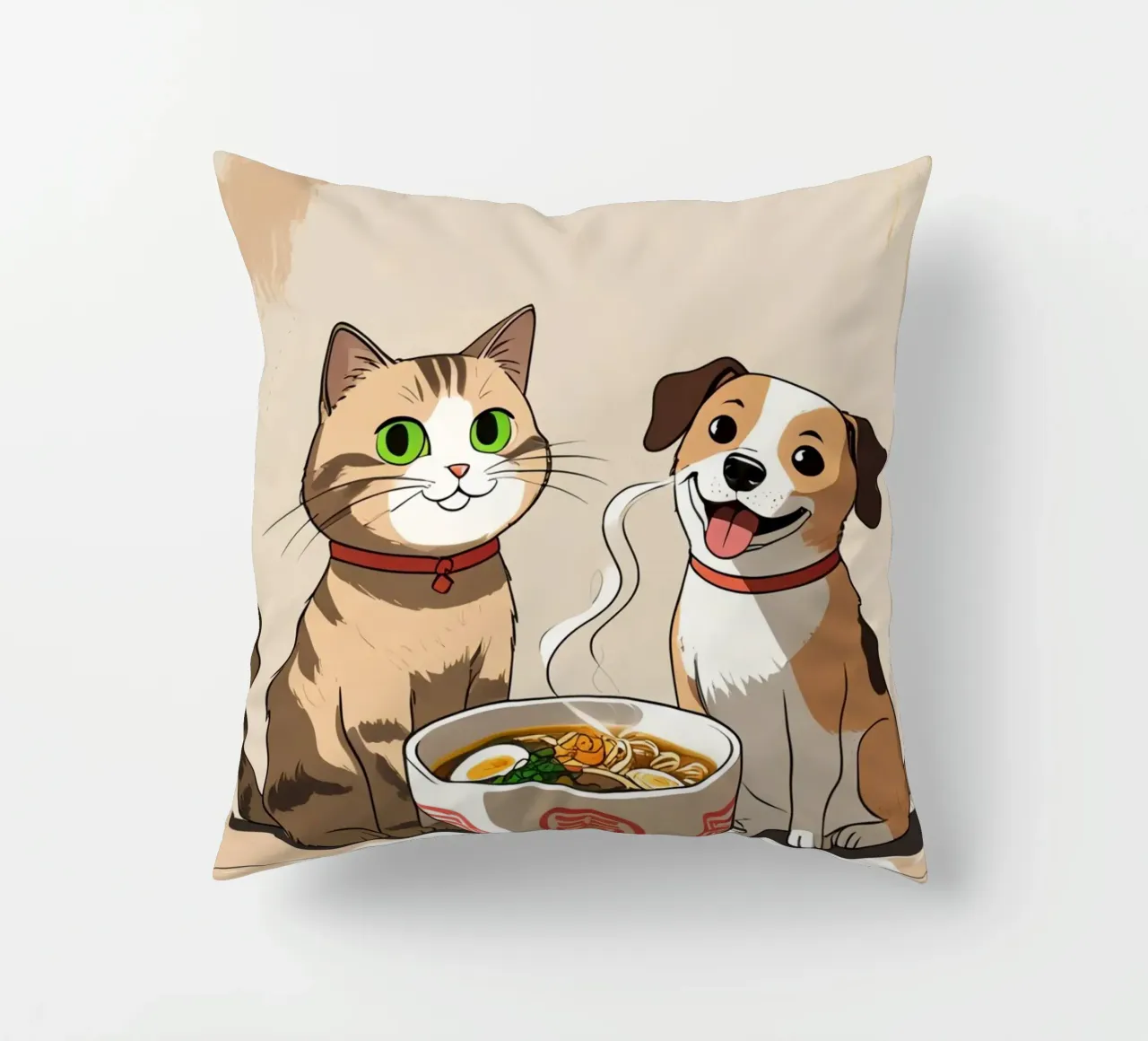 Gatto e cane felici e carini con una ciotola di ramen cuscino da DesignDoodle