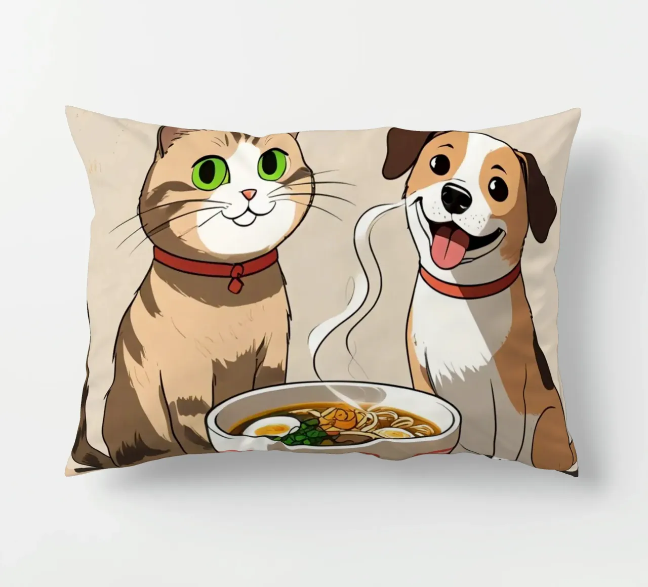 Gatto e cane felici e carini con una ciotola di ramen cuscino da DesignDoodle