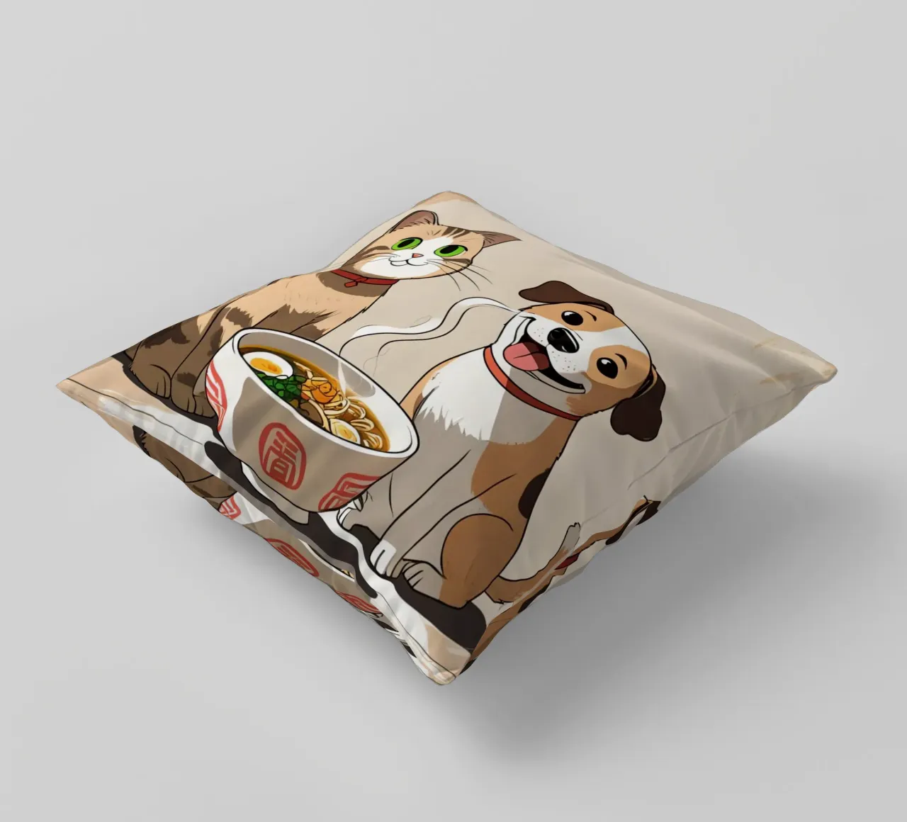 Gatto e cane felici e carini con una ciotola di ramen cuscino da DesignDoodle