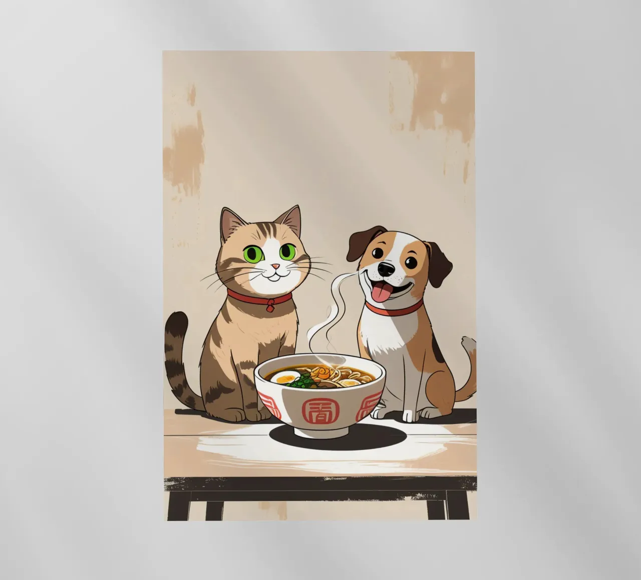 Gatto e cane felici e carini con una ciotola di ramen pellicola backlit da DesignDoodle