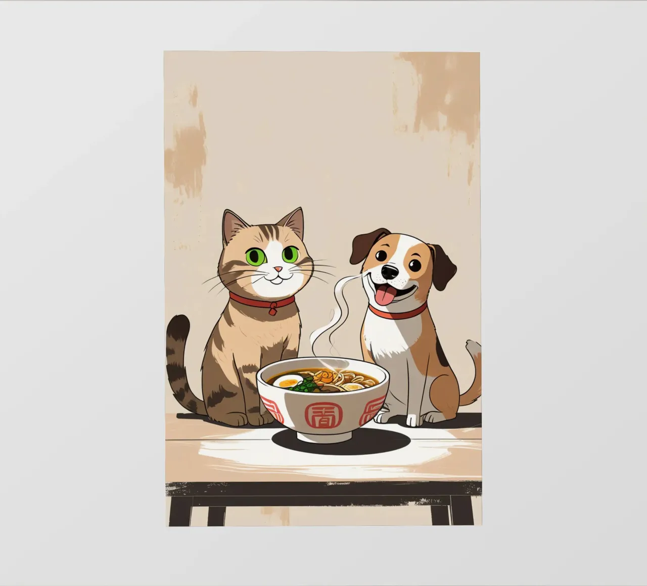 Gatto e cane felici e carini con una ciotola di ramen pellicola backlit da DesignDoodle
