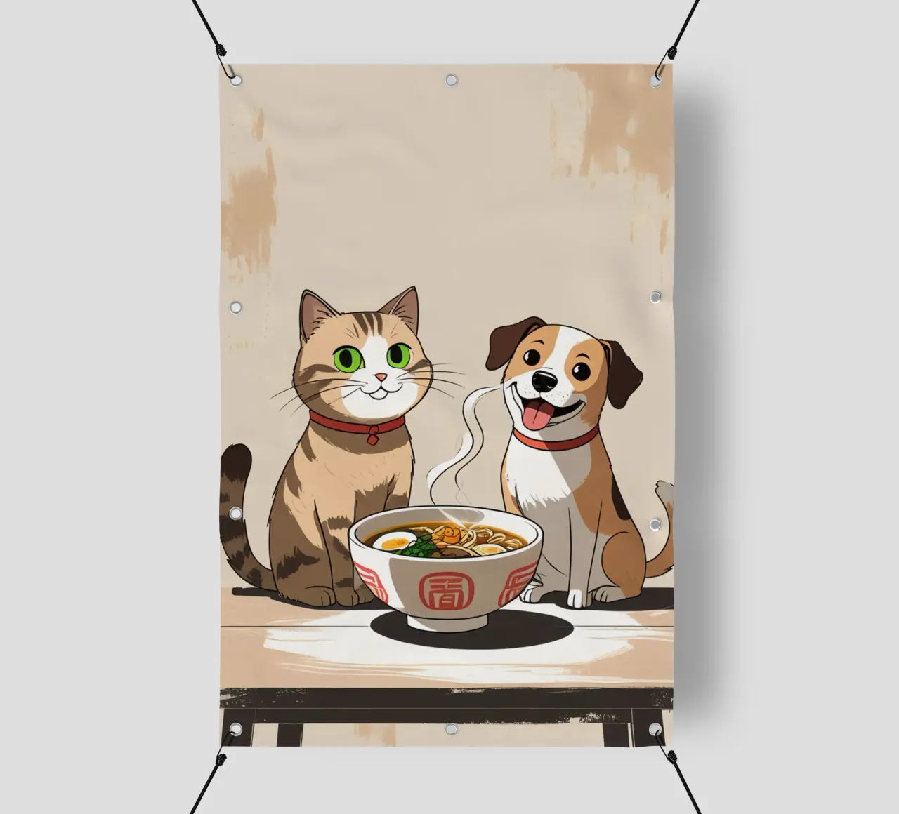 Gatto e cane felici e carini con una ciotola di ramen telo in pvc da DesignDoodle