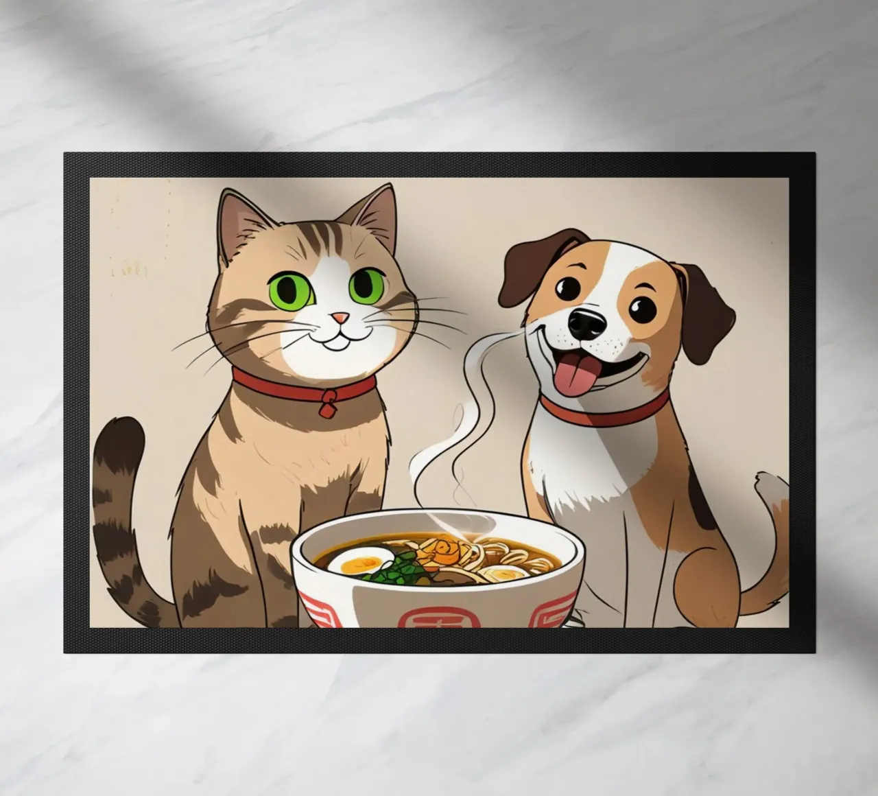 Gatto e cane felici e carini con una ciotola di ramen zerbino da DesignDoodle