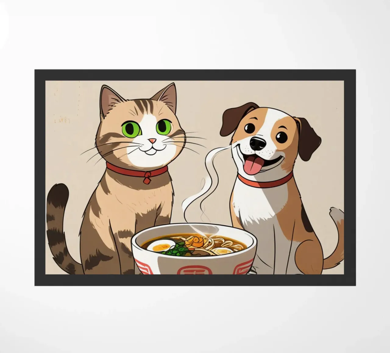 Gatto e cane felici e carini con una ciotola di ramen zerbino da DesignDoodle