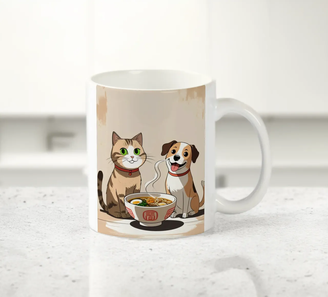 Gatto e cane felici e carini con una ciotola di ramen tazza in ceramica da DesignDoodle