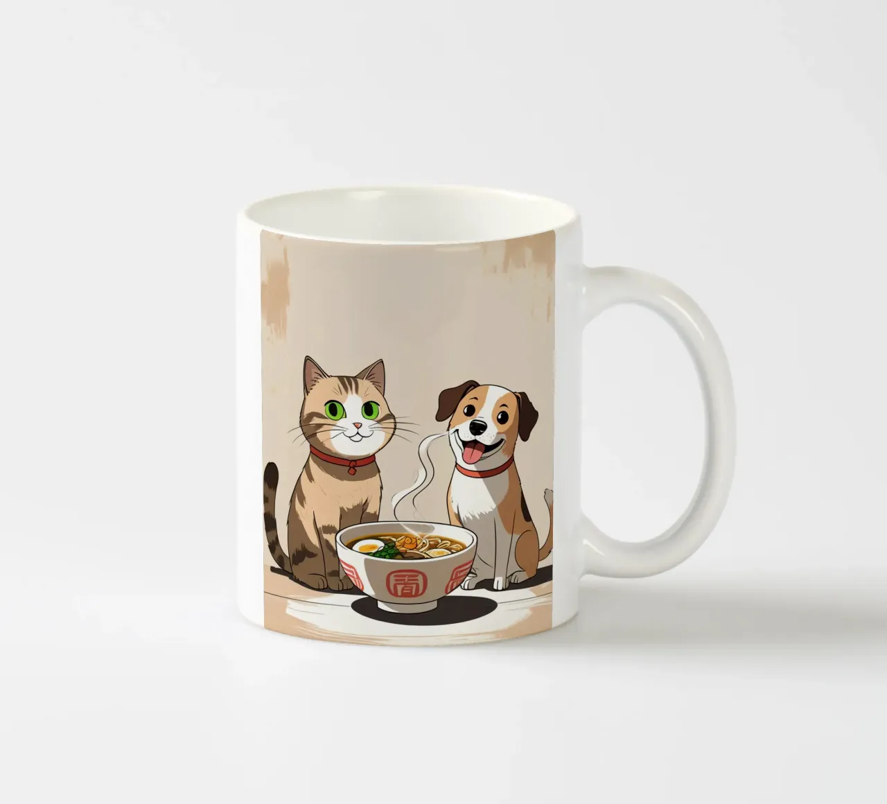 Gatto e cane felici e carini con una ciotola di ramen tazza in ceramica da DesignDoodle