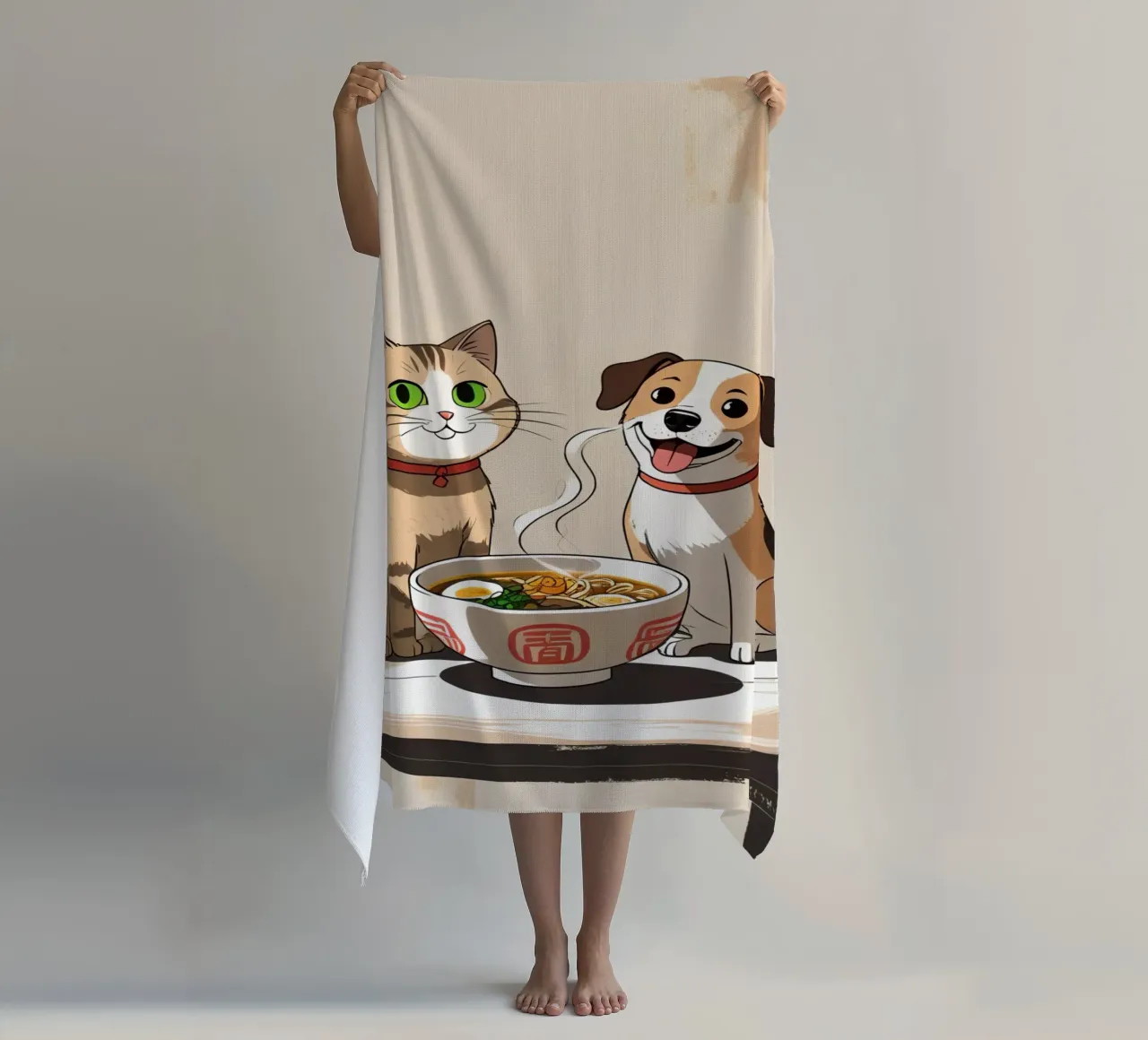 Gatto e cane felici e carini con una ciotola di ramen telo mare da DesignDoodle
