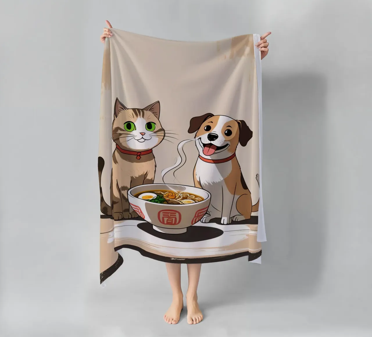 Gatto e cane felici e carini con una ciotola di ramen telo mare da DesignDoodle