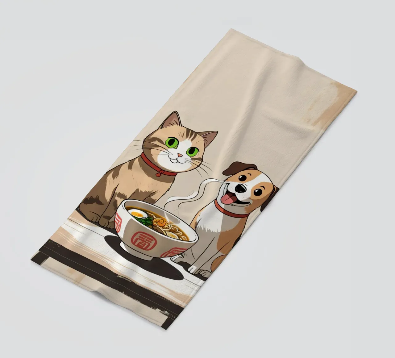 Gatto e cane felici e carini con una ciotola di ramen telo mare da DesignDoodle