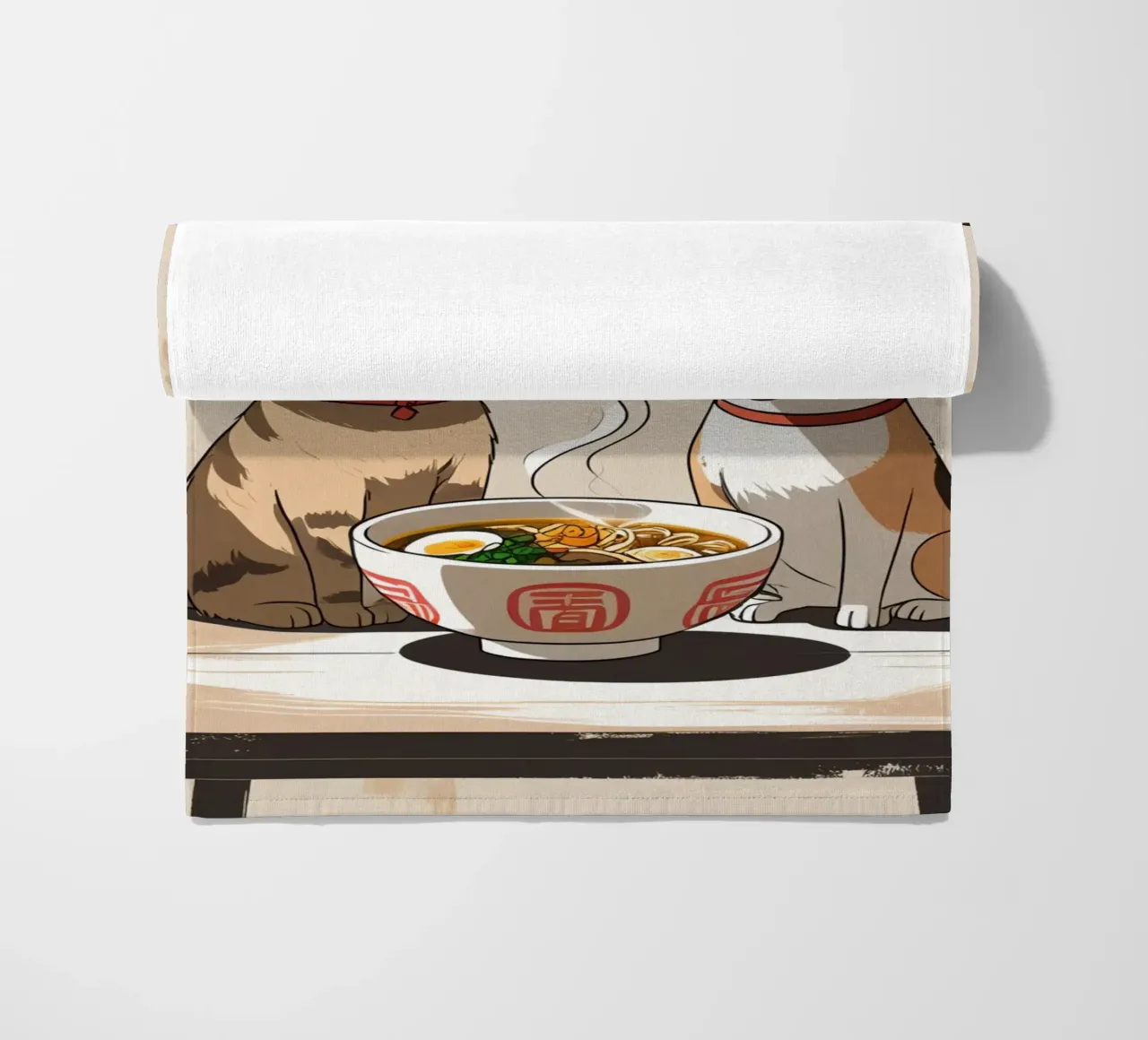 Gatto e cane felici e carini con una ciotola di ramen telo mare da DesignDoodle