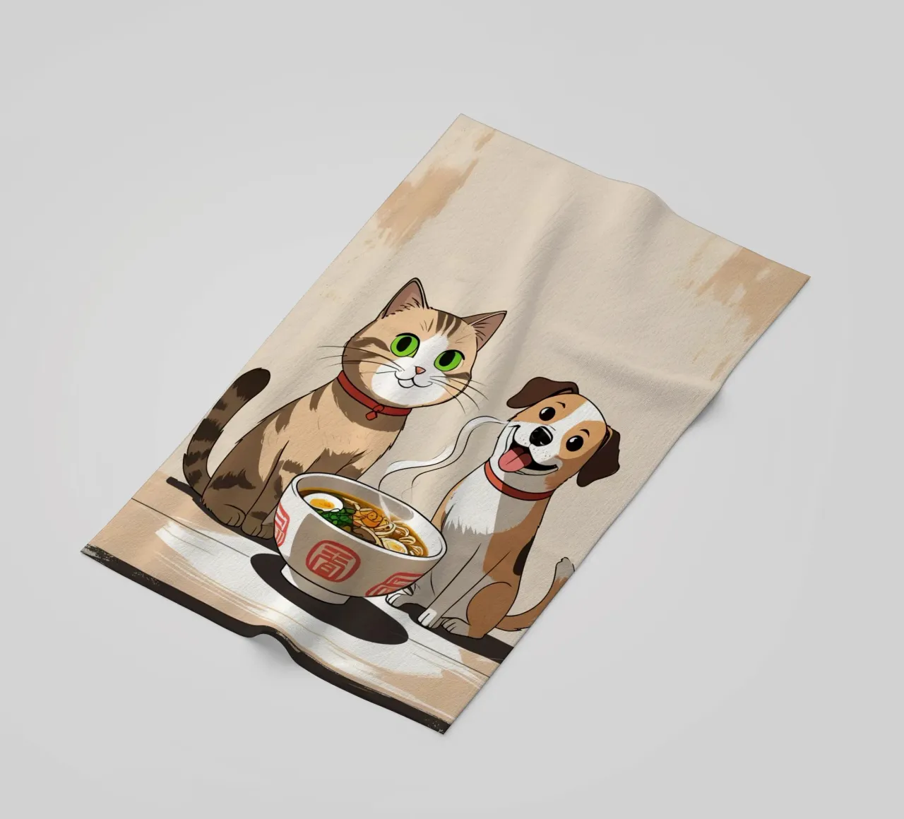 Gatto e cane felici e carini con una ciotola di ramen telo mare da DesignDoodle