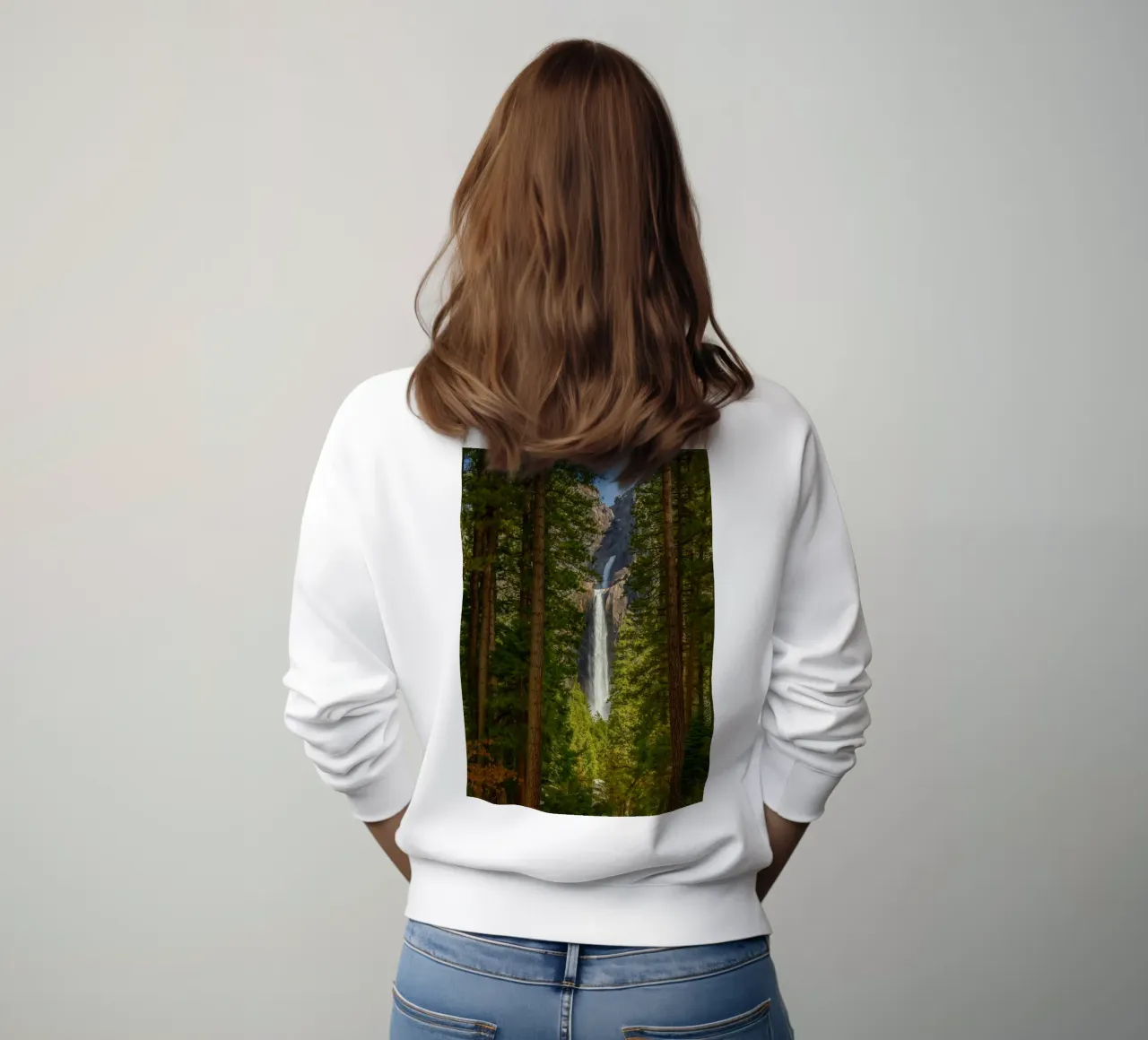 view of a waterfall in the forest sweatshirt by PASMING