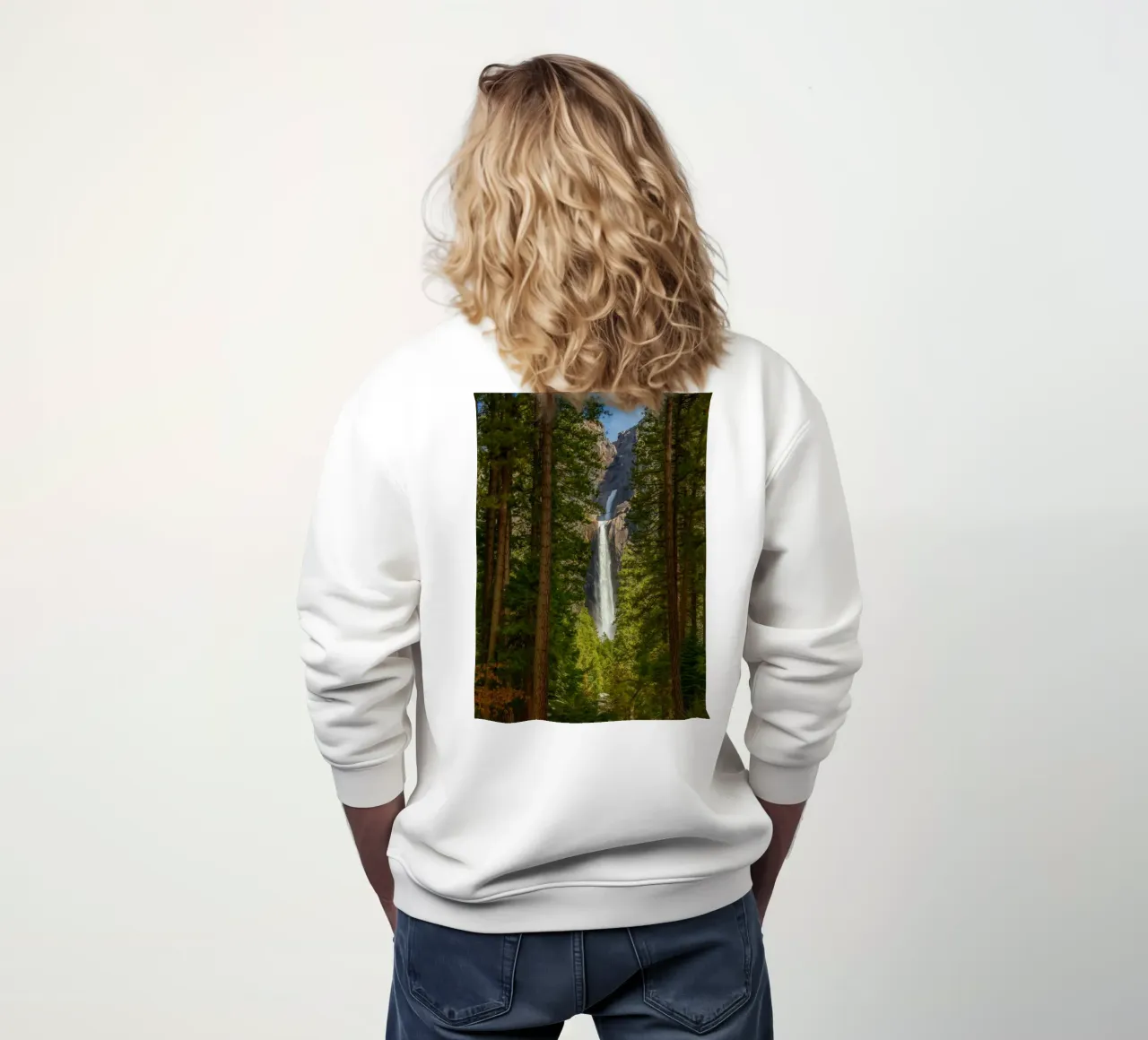 view of a waterfall in the forest sweatshirt by PASMING