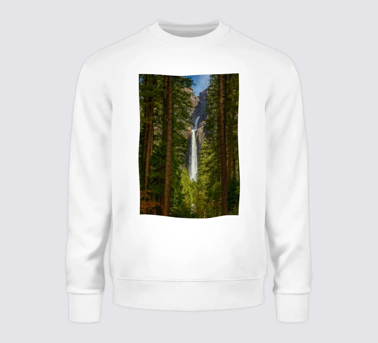 view of a waterfall in the forest sweatshirt by PASMING