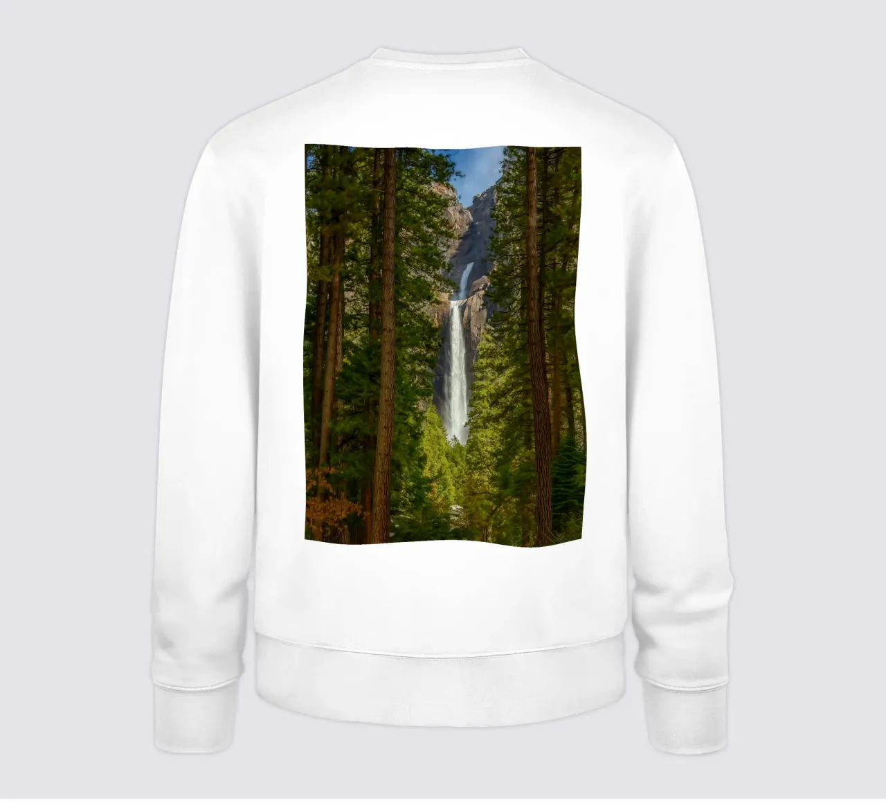 view of a waterfall in the forest sweatshirt by PASMING