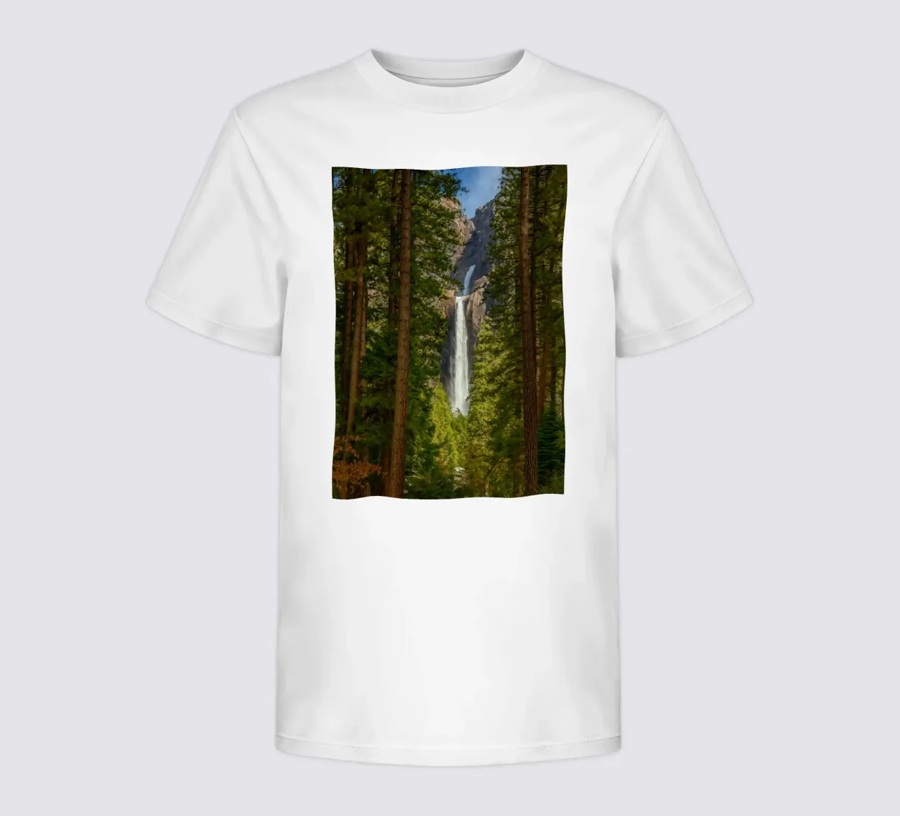 view of a waterfall in the forest kids t-shirt by PASMING