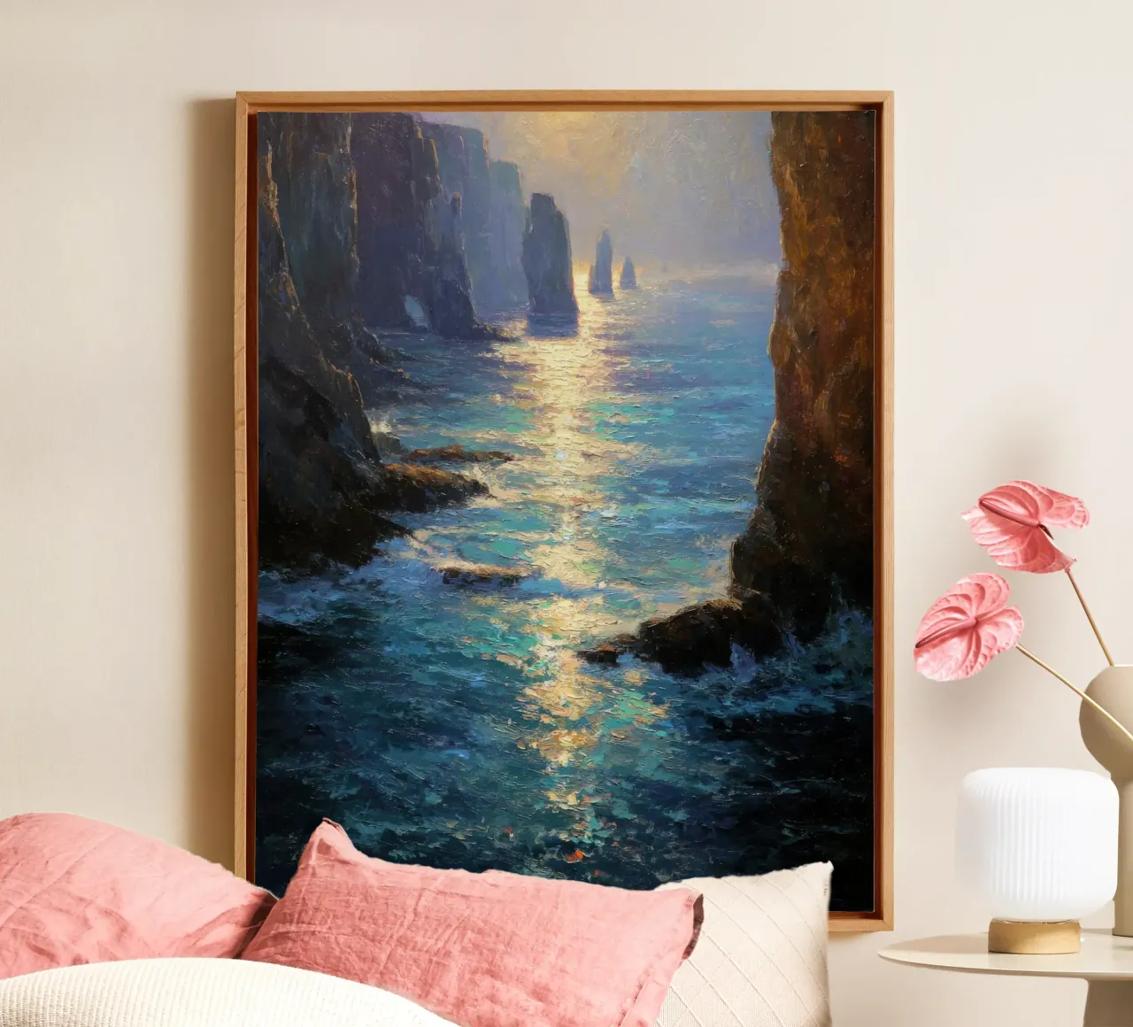 Goldenes Licht auf Küstenklippen Leinwand von Artbyvo