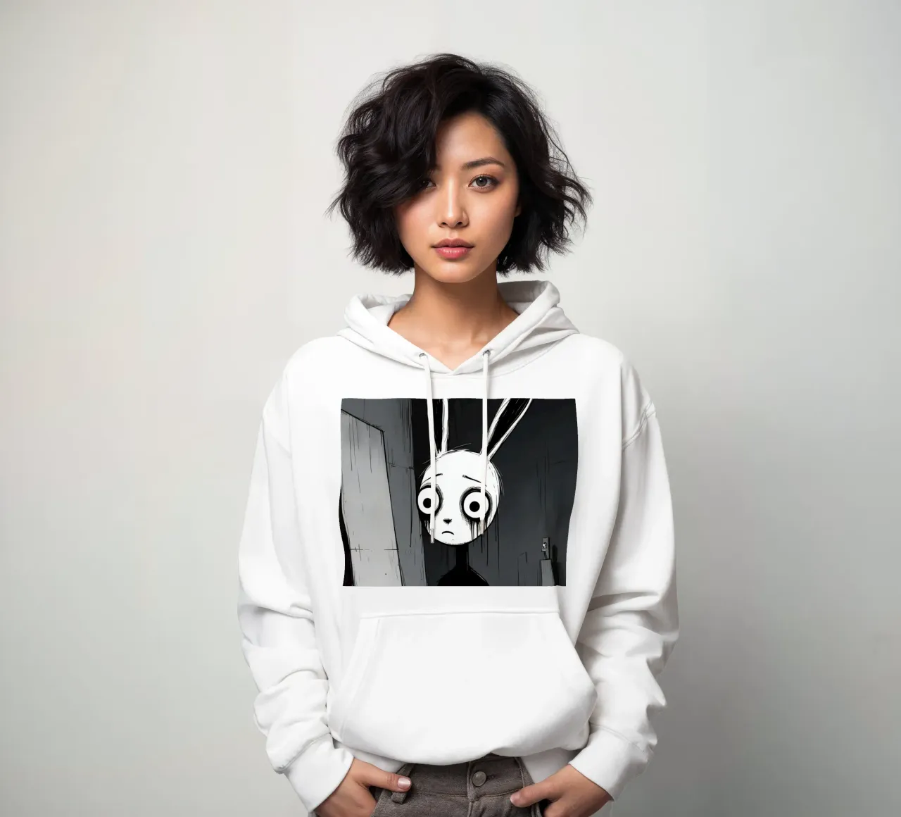 Orecchie di coniglio tristi e occhi afflitti in un ambiente buio felpa con cappuccio da DesignDoodle