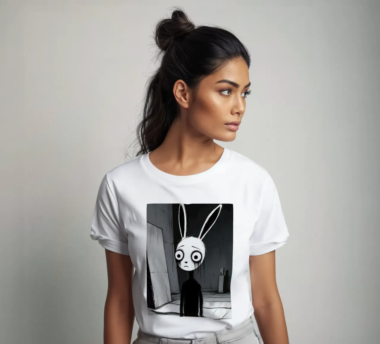 Orecchie di coniglio tristi e occhi afflitti in un ambiente buio t-shirt da DesignDoodle