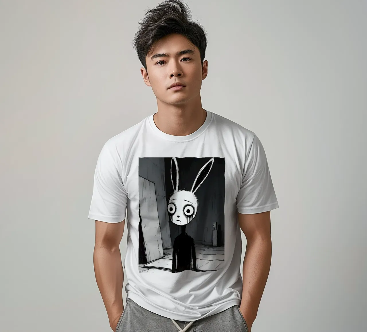 Orecchie di coniglio tristi e occhi afflitti in un ambiente buio t-shirt da DesignDoodle