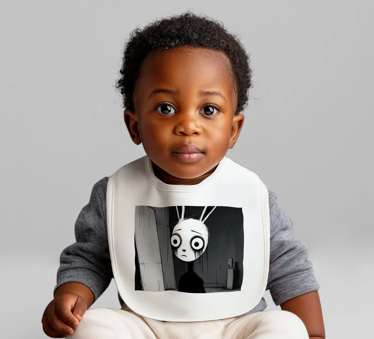 Orecchie di coniglio tristi e occhi afflitti in un ambiente buio bavaglino da DesignDoodle